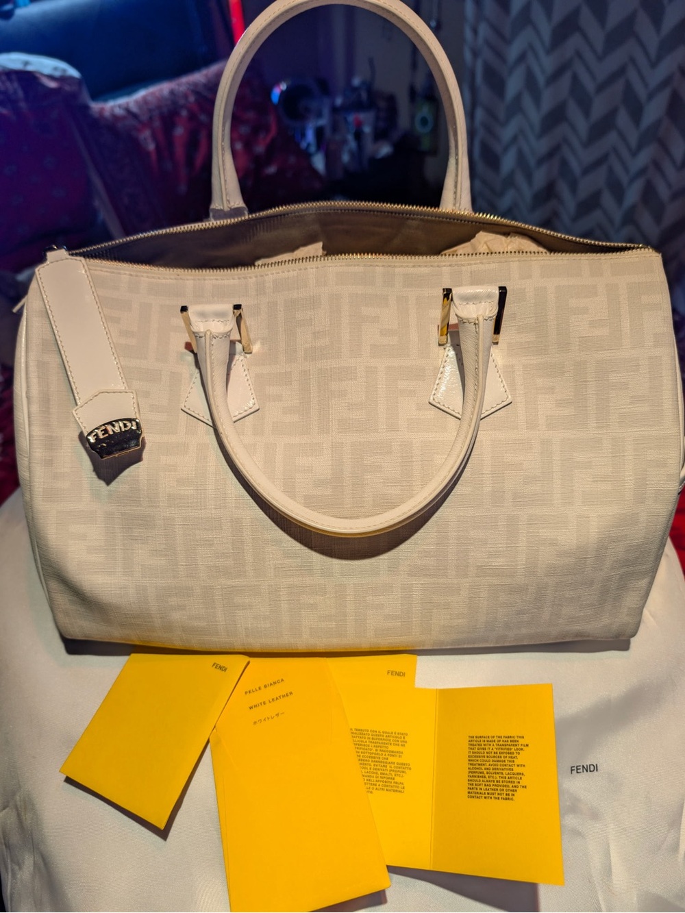 Fendi Cream FF Monogram Dome Satchel with Gold Accents